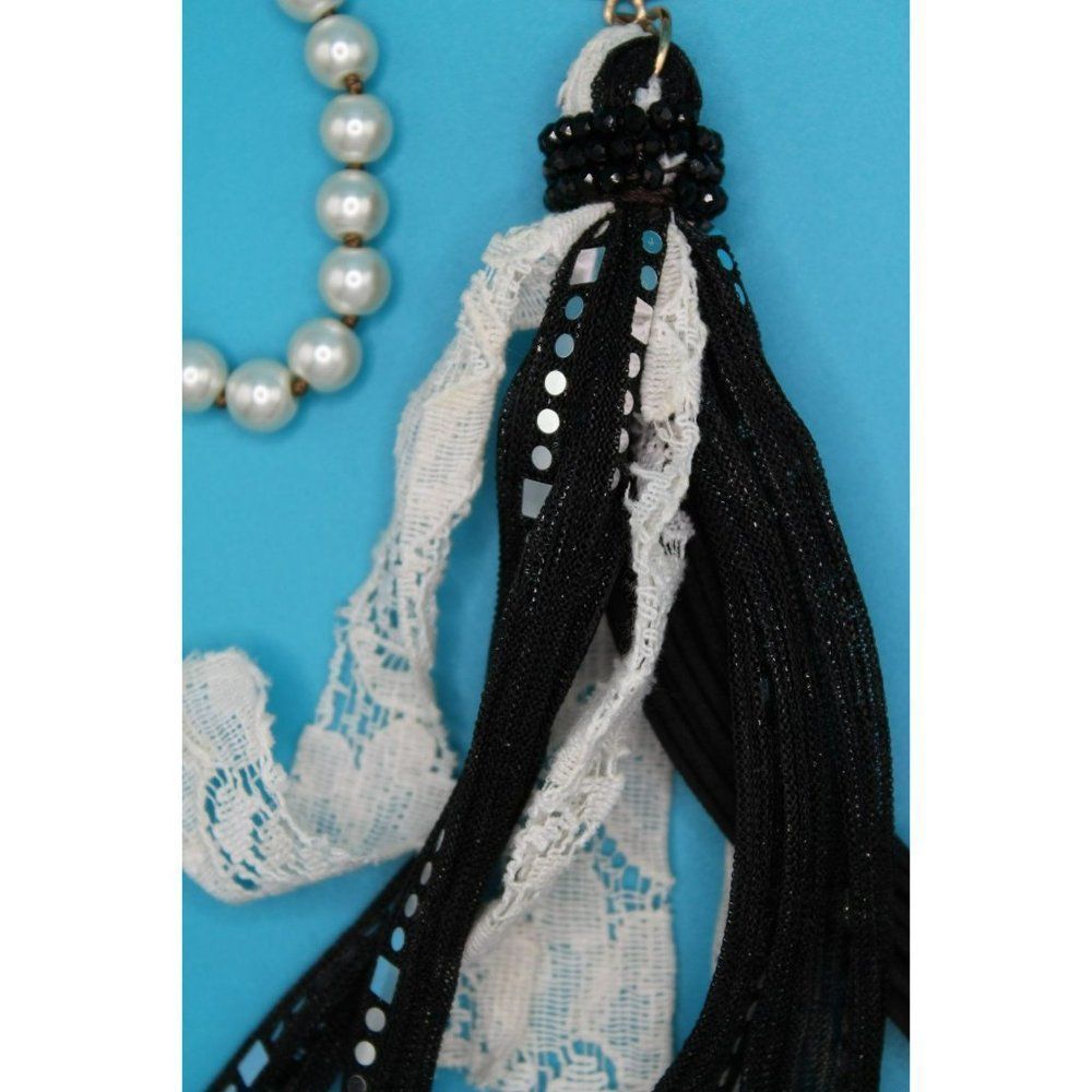Individual Tied Glass Faux Pearls Druzy Medallion Tassel Long Statement Necklace - Picture 4 of 6